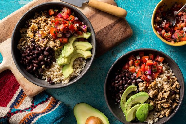 Turkey taco bowls with brown rice, black beans, and pico de gallo