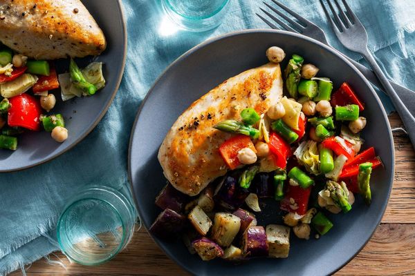 Mediterranean chicken with asparagus salsa and roasted eggplant