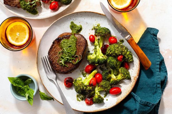 Steak with chermoula, roasted vegetables, and pesto