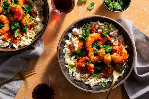 Greek shrimp with tomatoes, feta, and orzo