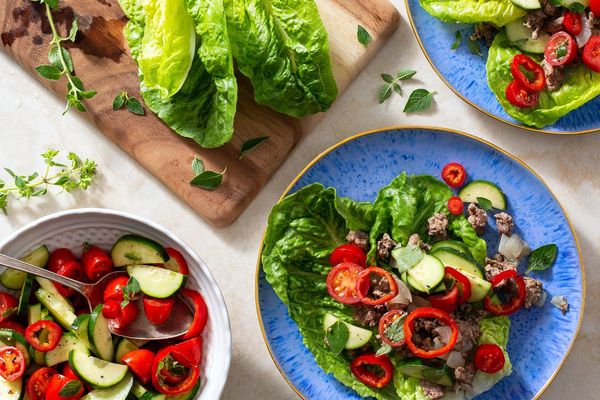 Greek lettuce cups with lamb and mini sweet peppers