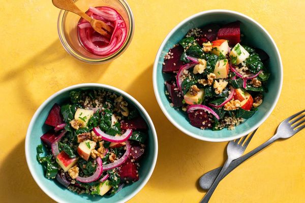 Charred beets with quinoa tabbouleh salad and sumac-pickled onions
