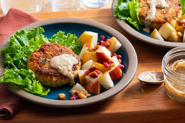 Speedy lettuce-wrapped salmon burgers with fall fruit salad