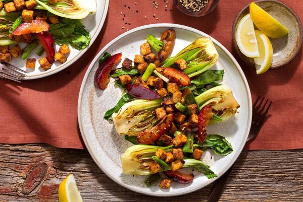 Smoky tempeh salad with charred bok choy and plum