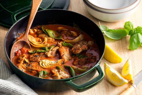 Braised chicken and artichokes