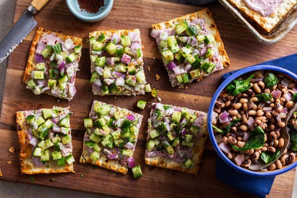 Creamy feta and cucumber flatbreads with Cyprus black-eyed peas
