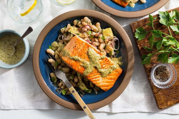Mediterranean salmon with white bean–artichoke salad