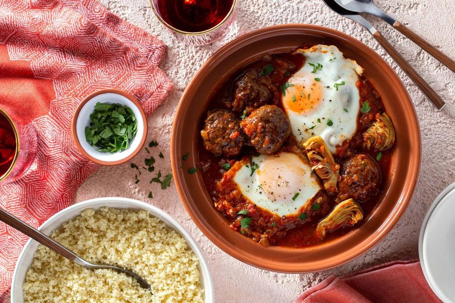 Moroccan lamb tagine with artichokes, tomato-poached eggs, and couscous