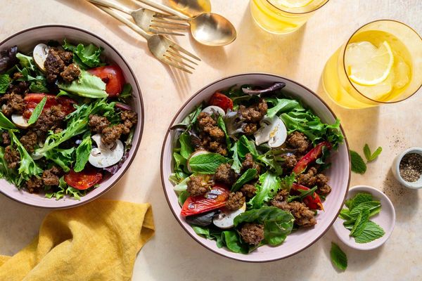 Turkey larb salad with mushrooms, tomatoes, and fresh mint