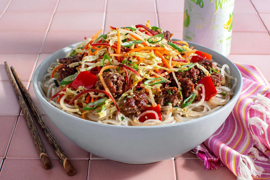 Sichuan glass noodle bowl with plant-based Impossible Beef
