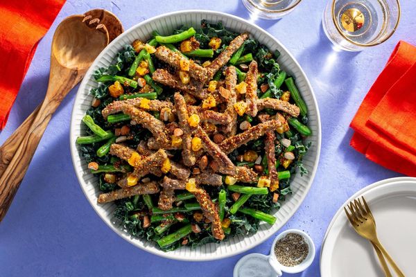 Sesame-crusted chicken with green beans and warm apricot vinaigrette