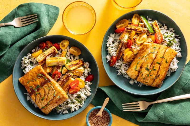 Tamari-Ginger Glazed Barramundi With Zucchini and Coconut Rice | Sunbasket