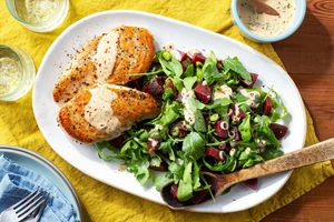 Chicken over beet and arugula salad with lemon-tahini dressing
