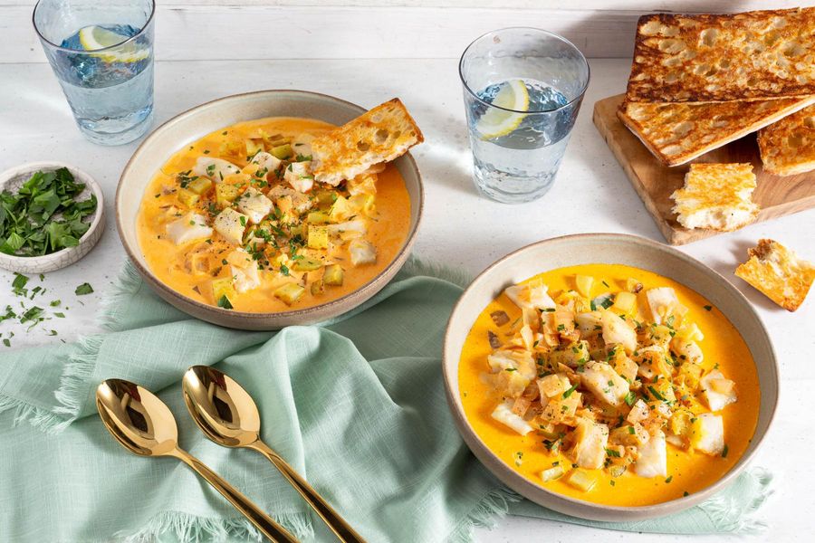 Creamy Scottish chowder with pollock, potatoes, and toasted ciabatta