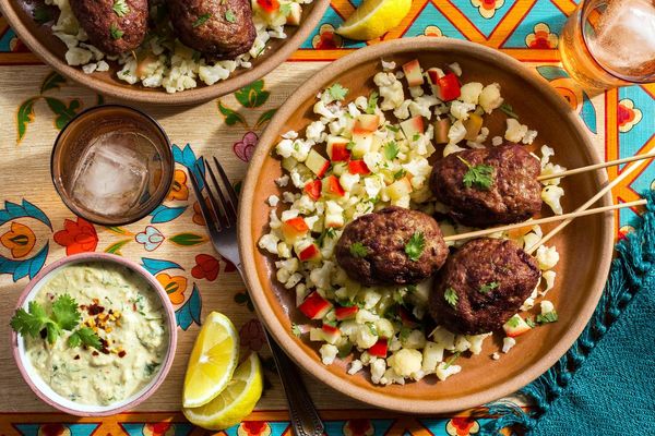 Masala turkey kebabs with cauliflower “rice” and cashew chutney