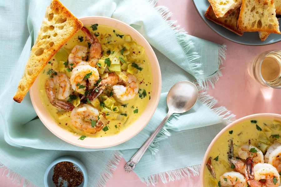 Jumbo shrimp bourride with lemon aioli and ciabatta toasts