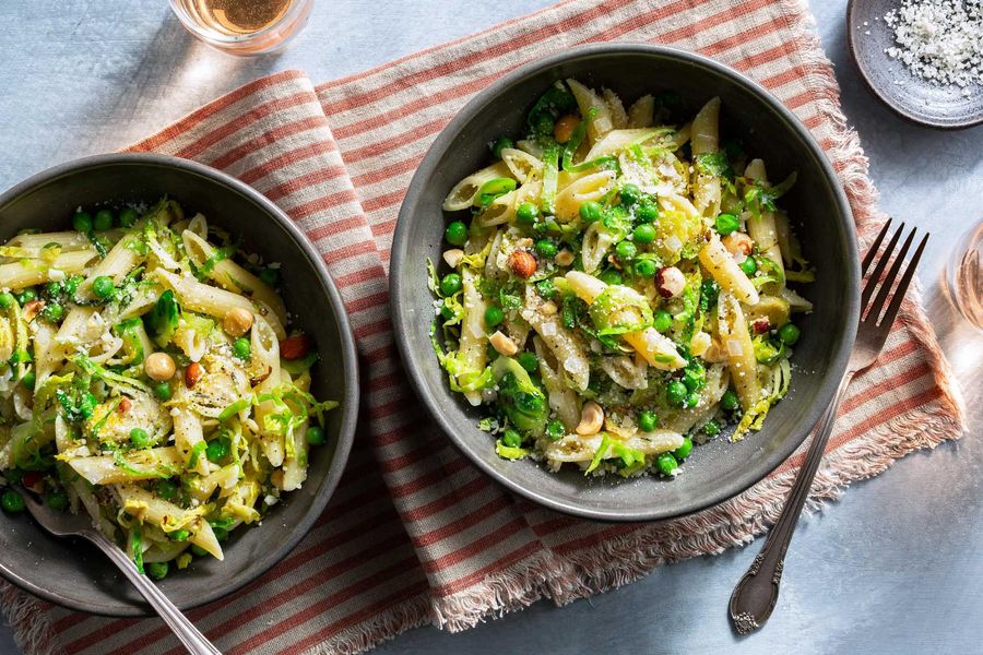 Brussels sprout carbonara with penne rigate and roasted hazelnuts