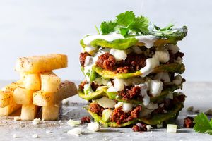 Spicy stacked chorizo enchiladas with chili-lime jicama sticks