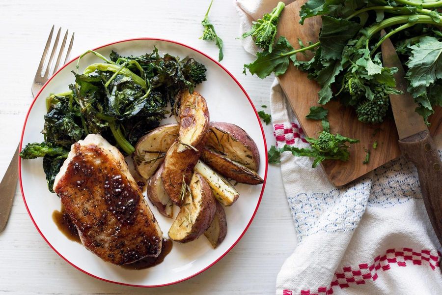 Maple-balsamic-glazed pork with rosemary roasted potatoes