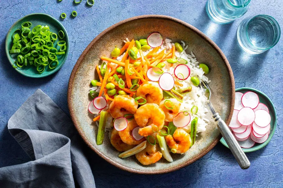 Southeast Asian shrimp and rice bowls with edamame slaw