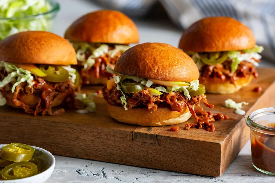 Spicy barbacoa pulled-pork sliders with apple slaw