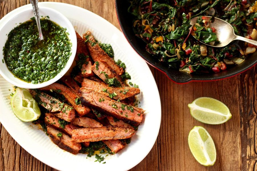 Steak and Chimichurri with swiss chard