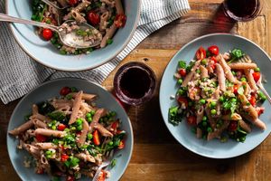 Fresh whole wheat penne primavera with creamy feta sauce