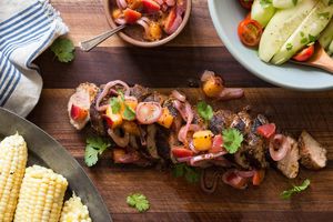 Grilled pork tenderloin with nectarine mostarda and corn on the cob