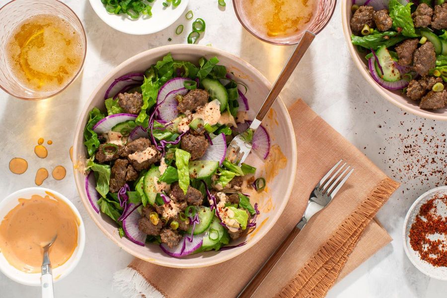 Korean bulgogi salad with daikon, cucumber, and your choice of protein