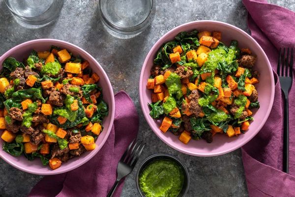 Merguez-spiced pork and sweet potato hash with apple and chimichurri