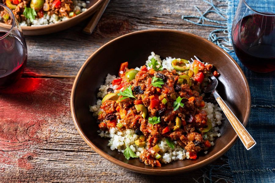 Brazilian picadillo with bell peppers and cauliflower “dirty rice”