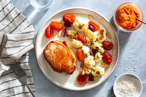 Seared steaks with roasted red pepper ajvar and cauliflower