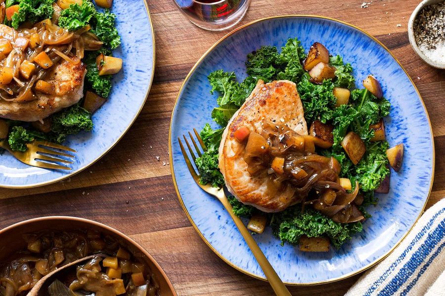 Pork chops with pears, kale, and maple-shallot jam