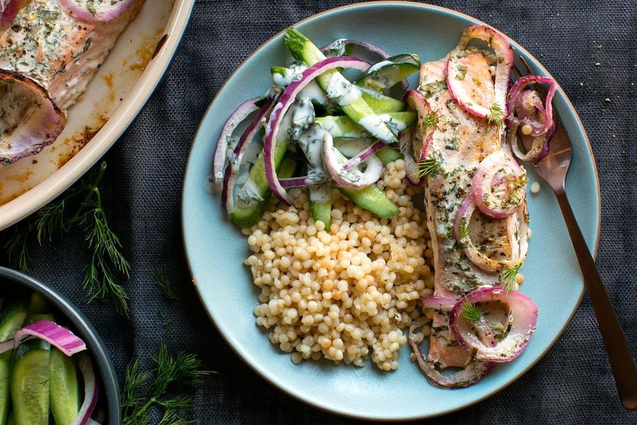 Buttermilk-marinated salmon with cucumber salad and pearl couscous