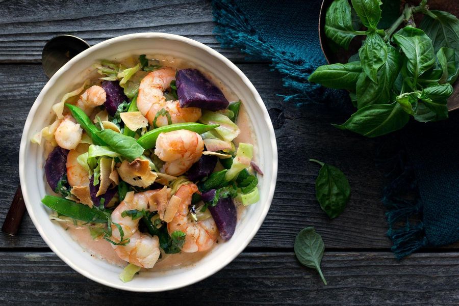 Shrimp coconut curry with purple sweet potato