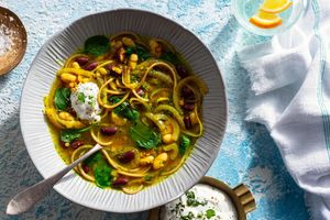 Persian ash reshteh bean and noodle soup with mint yogurt