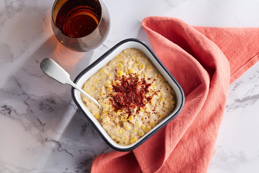Creamed corn with honey, Parmesan, and citrusy sumac