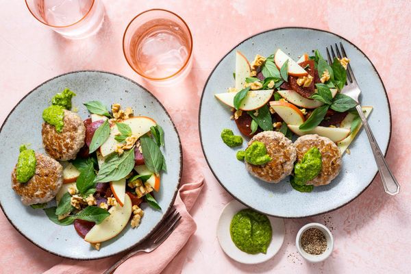 Seven-spice turkey patties with beet salad and spicy green harissa