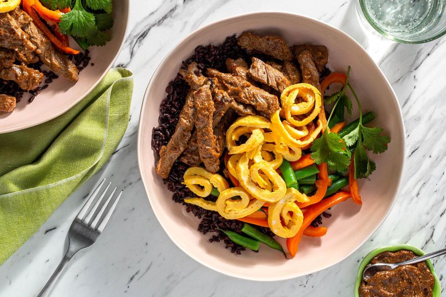 Tamarind black rice bowls with bell pepper and your choice of protein