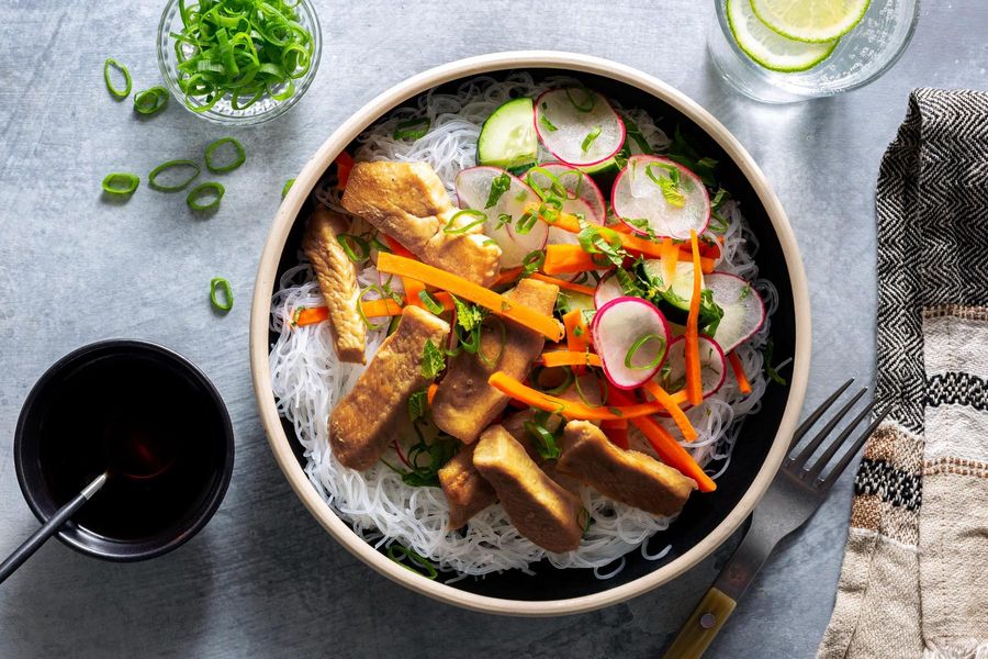 Saigon noodle bowls with cucumber-radish salad and scallion oil