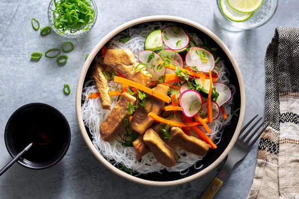 Saigon noodle bowls with five-spice tofu and cucumber-radish salad