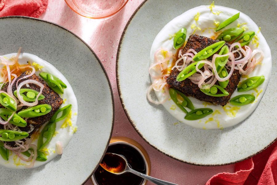 Seared tuna with snap pea salad, lemony yogurt, and spicy chile oil