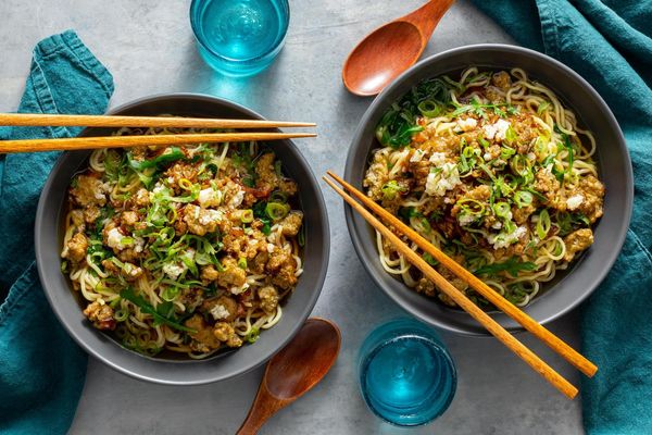 Taiwanese noodle soup with ground pork and baby greens