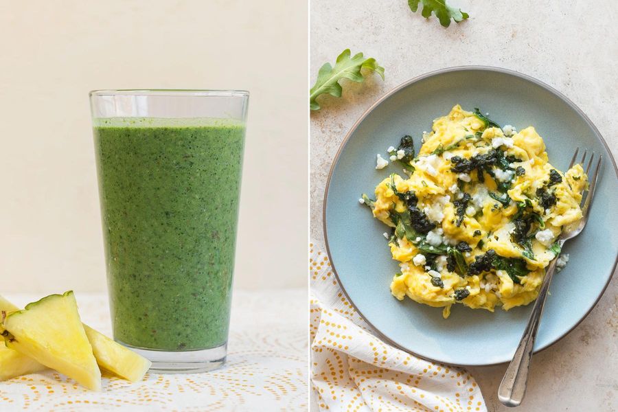 Kale-pineapple smoothies & Scrambled eggs with goat cheese and basil pistou