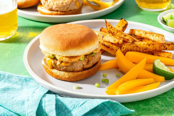 Southwestern pork burgers with mango, chipotle mayo, and jicama fries
