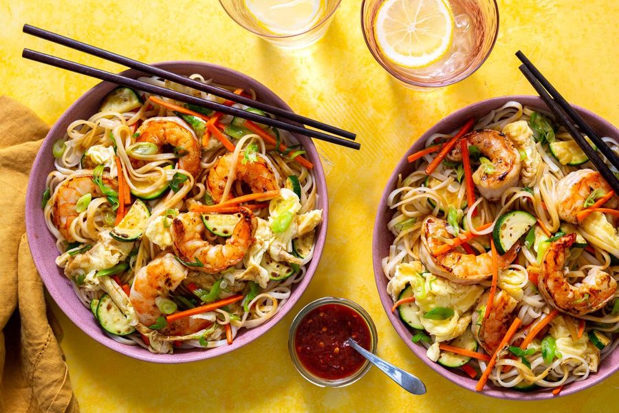 Malaysian stir-fried hawker noodles with shrimp and zucchini
