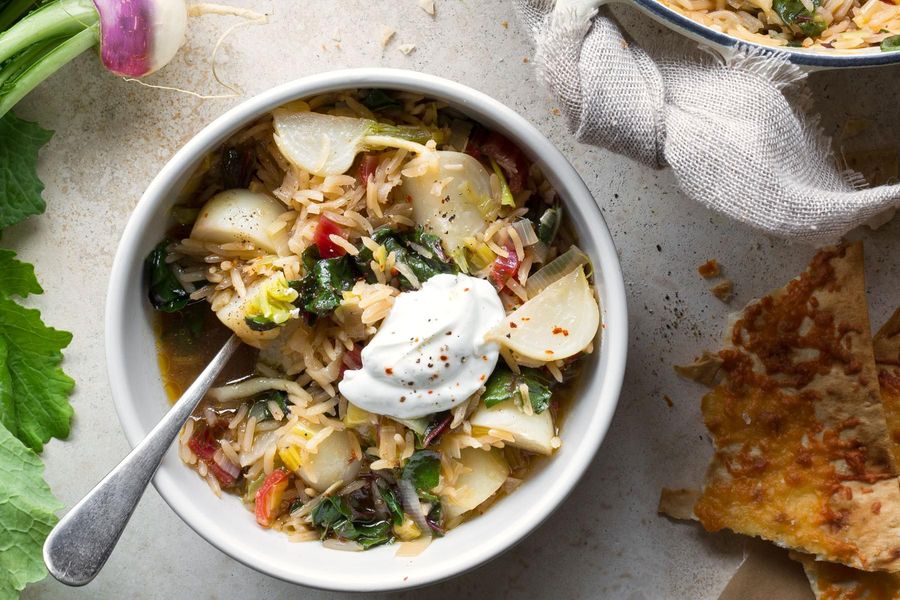 Toasted rice and turnip soup with preserved lemon and Parmesan flatbread