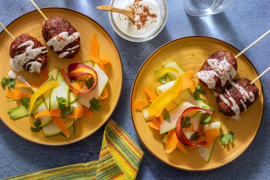 Mediterranean kebabs with carrot and squash ribbon salad