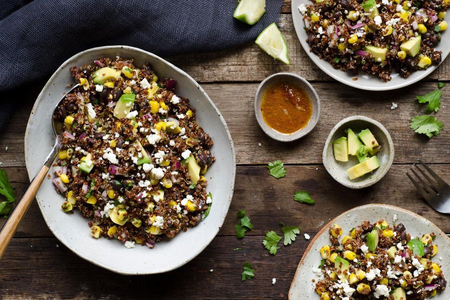 Spicy black bean and fresh corn quinoa with pickled jalapeno and chipotle