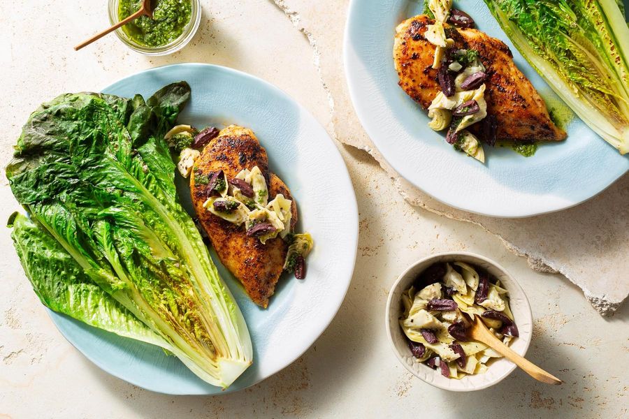 Harissa Rubbed Chicken With Artichoke Tapenade And Seared Romaine Sunbasket